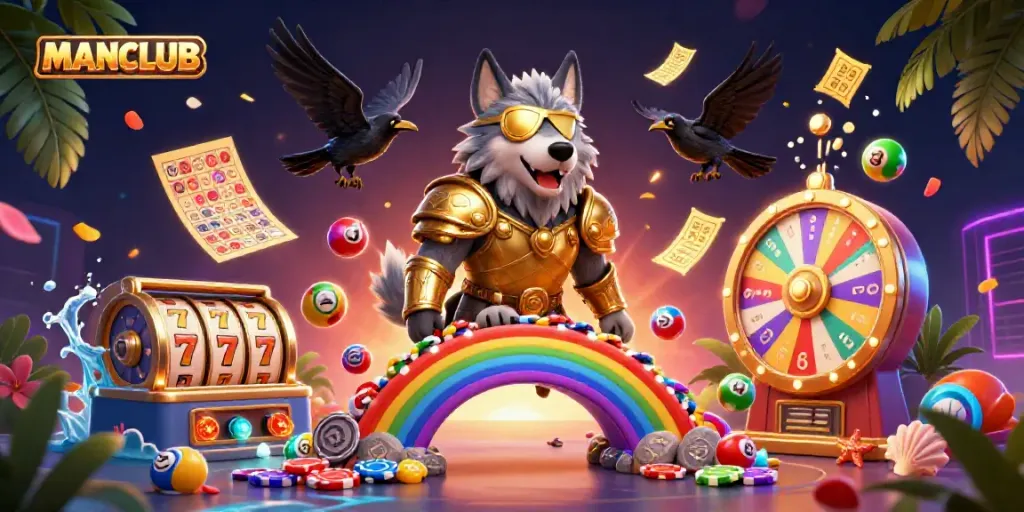 Engage in thrilling gaming action with MANCLUB, featuring vibrant casino elements in a dynamic composition.