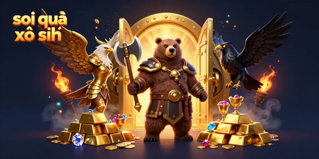 Bet on soi cầu xổ số with Viking bear and Valkyrie eagle in a treasure-filled scene.