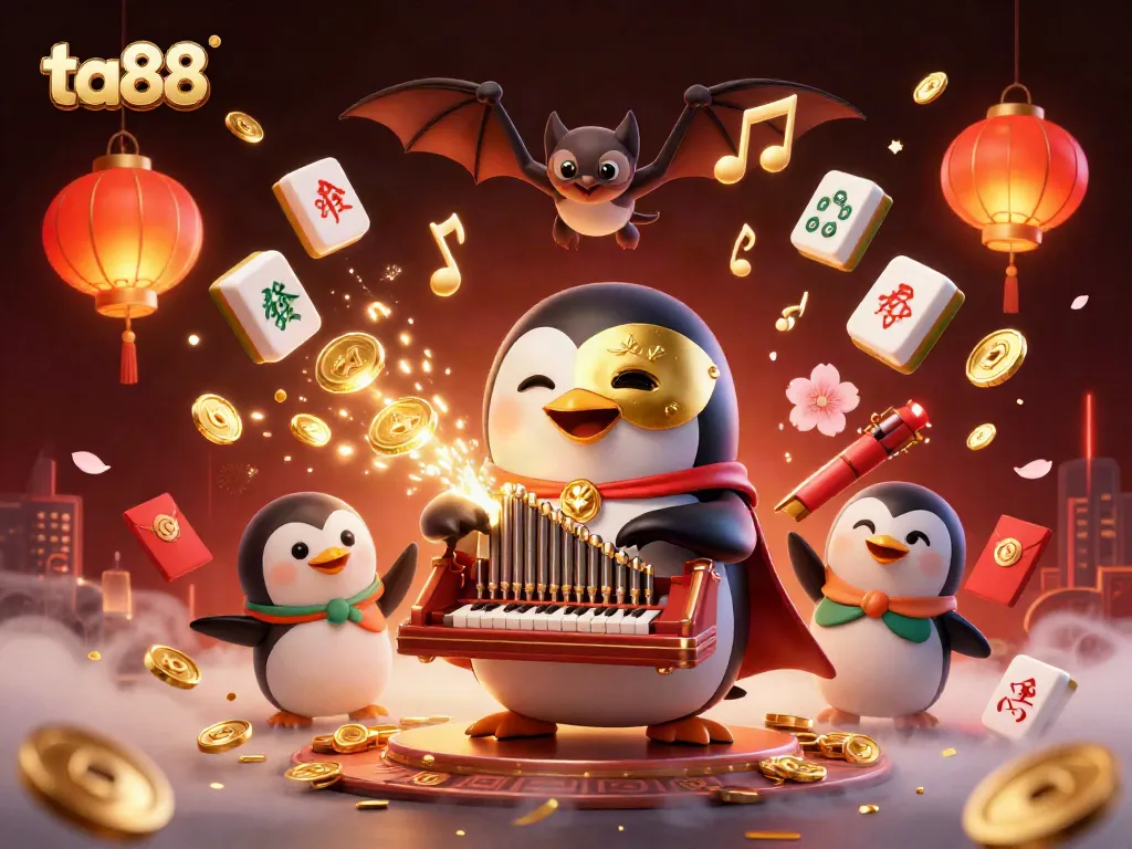 Ta88 casino experience with a vibrant 3D penguin organist and golden celebrations.