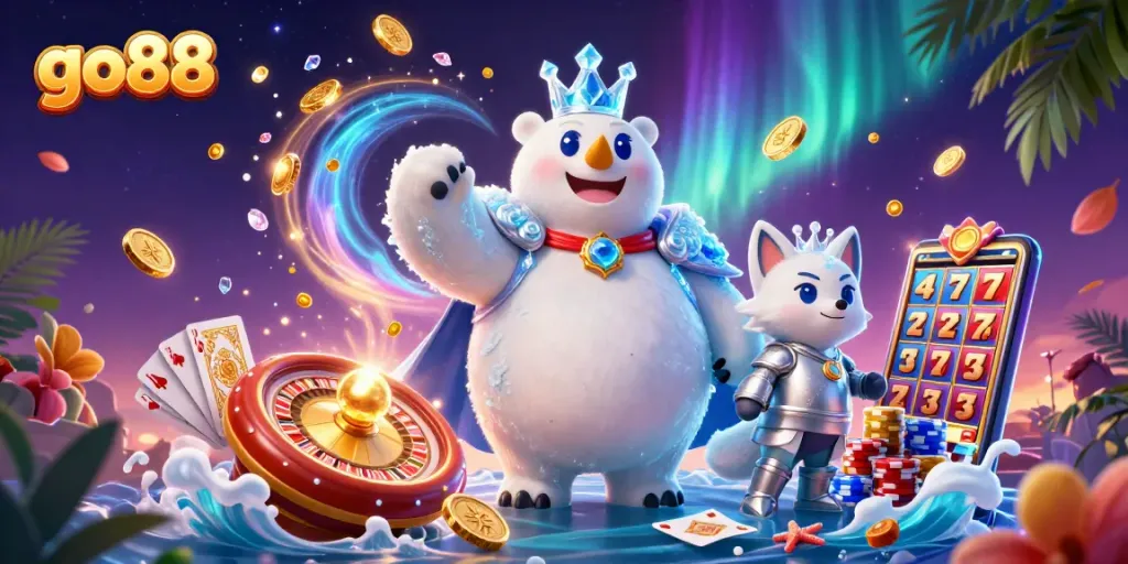 Experience exciting gaming adventures with go88, featuring a lively illustration of casino elements and characters.