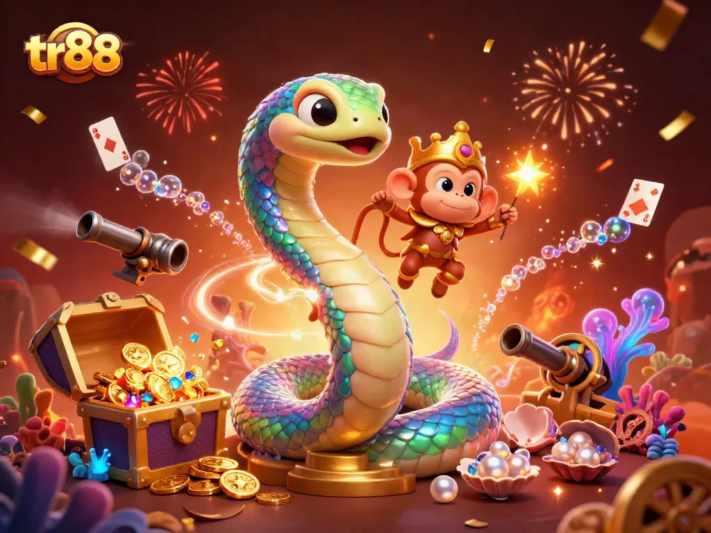 Engage in thrilling games at tr88 with vivid casino elements under a rainbow serpent.