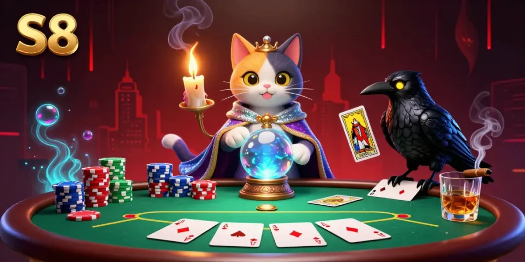 S8 players enjoying a poker game with vibrant mystical elements and rich visual detail.