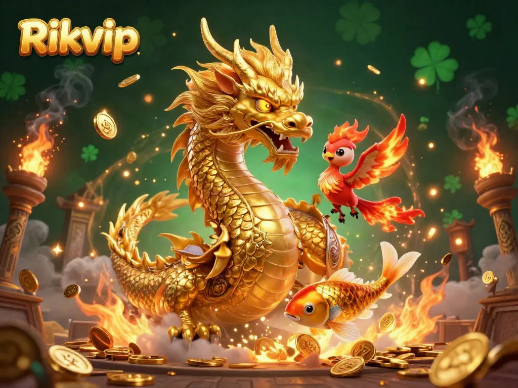 Experience thrilling gameplay at Rikvip with a vibrant 3D dragon, phoenix, and koi fish amidst casino elements.