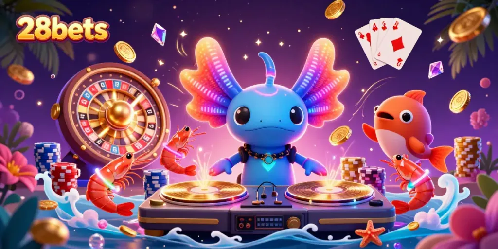 Experience vibrant 28bets casino energy with an axolotl DJ, winning moments, and dynamic gameplay visuals.