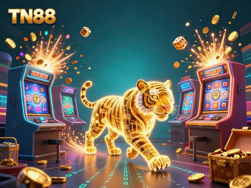 Engaging illustration of the TN88 excitement with a golden tiger, slot machines, and casino elements.
