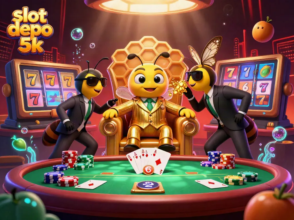 Experience the thrilling action of slot depo 5k through this vibrant illustration featuring a mob boss bee and gaming elements.
