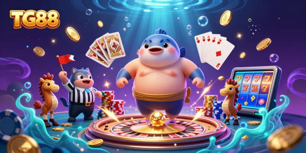 Play and win with TG88 at this vibrant underwater casino scene packed with action!