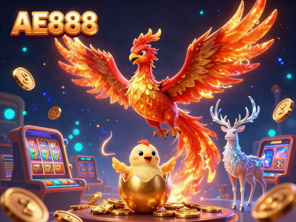 Engage with AE888's thrilling gaming experience featuring a phoenix and slot elements.