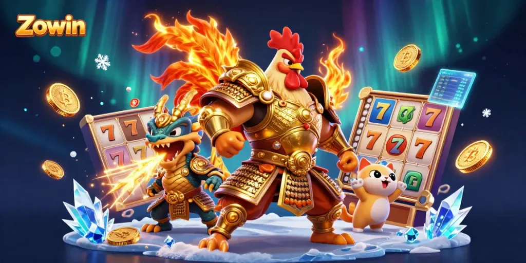 Zowin's exhilarating slot gaming scene featuring dynamic elements and vibrant characters