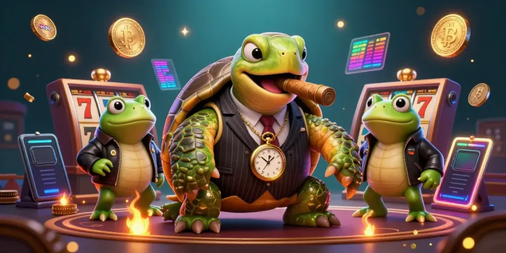 Engage with tn88's virtual casino scene featuring a turtle mobster and frog enforcers, alive with colorful slot game elements.