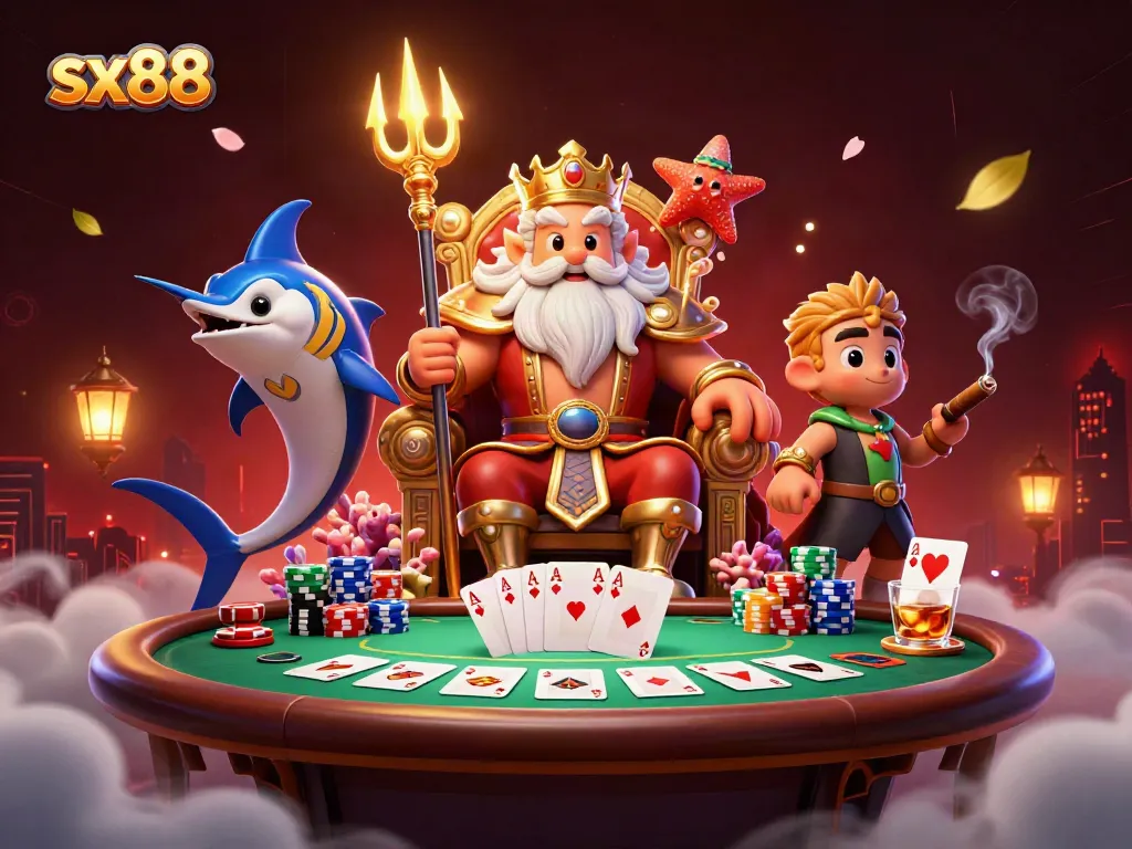 Join the exciting poker game with sx88, featuring Neptune and vibrant casino elements.