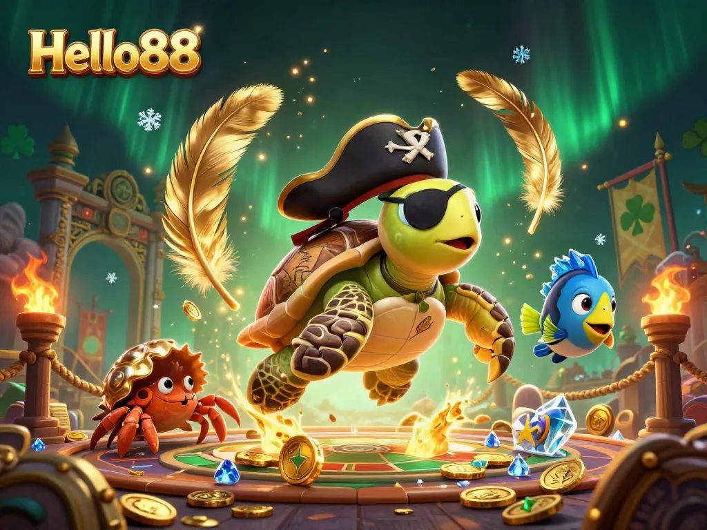 Experience slots and jackpots with Hello88, featuring vibrant pirate-themed characters amidst treasure.
