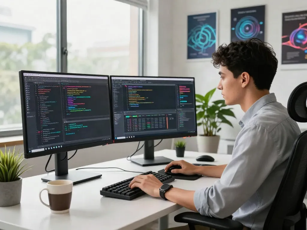 Developer coding on dual monitors at a modern workspace, highlighting pecah404 solutions.
