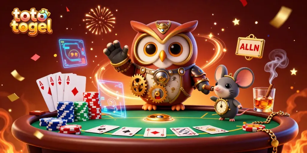 Engage in toto togel with a lively scene featuring a steampunk owl and a casino atmosphere.