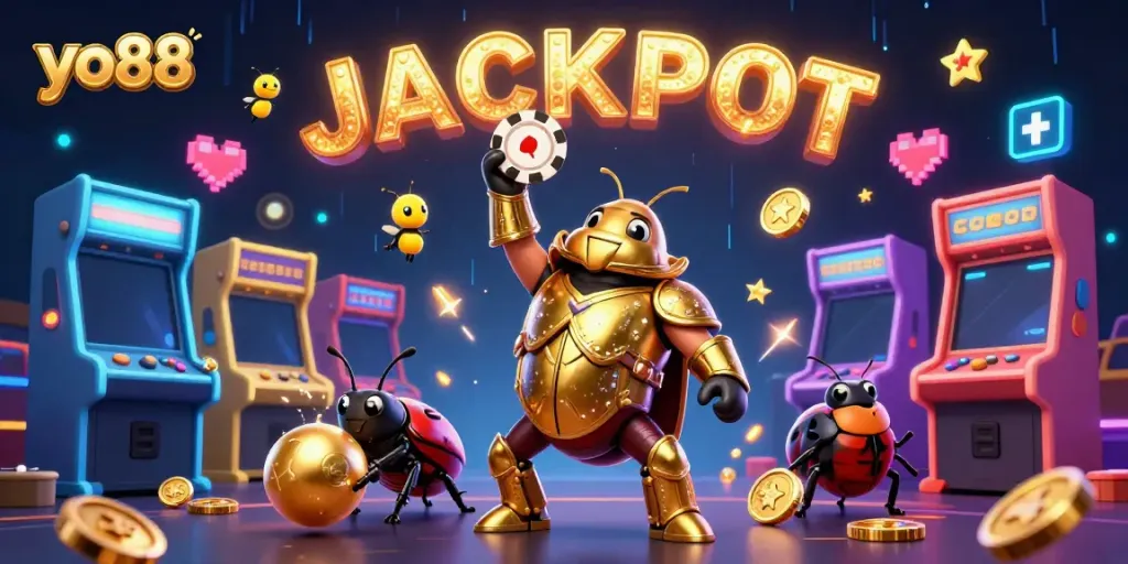 Engage with yo88's exciting gameplay as a hercules beetle celebrates a jackpot win amidst vibrant casino elements.