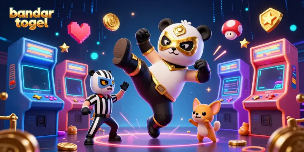 Visualisasikan bandar togel dengan panda pegulat dan penonton hewan kecil yang antusias di latar belakang kasino.