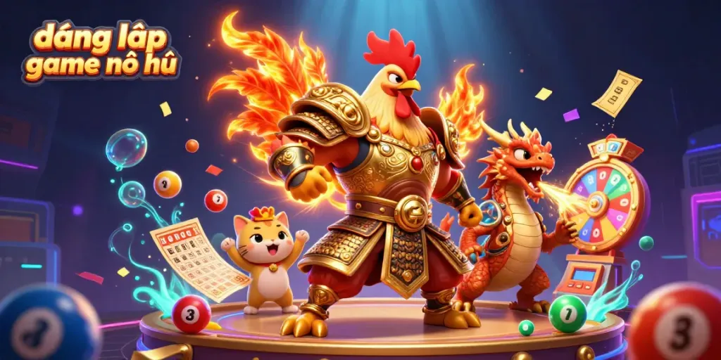 Experience the thrilling world of đăng nhập game nổ hũ with dynamic characters and vibrant elements in an exciting casino-themed illustration.