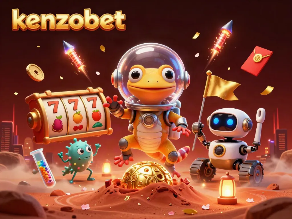 Kenzobet showcases a Martian gecko discovering a golden casino amid vibrant slot symbols.
