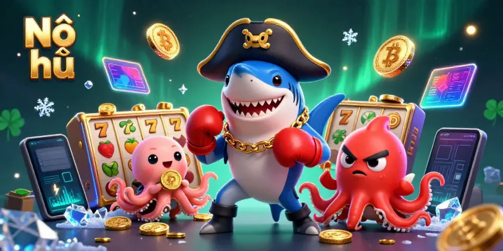 Nổ hũ showcases vibrant slot symbols and colorful sea creature characters in a lively casino scene.