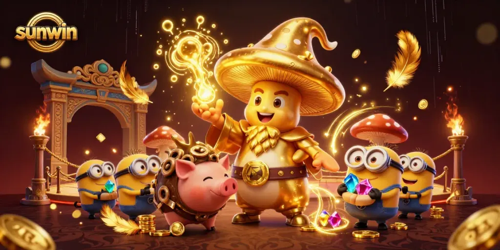 Play with sunwin's magical casino elements featuring golden treasures and vibrant characters.