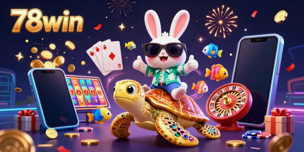 Engage with 78win's exciting casino games featuring a lucky rabbit and golden turtle in a vibrant 3D scene.