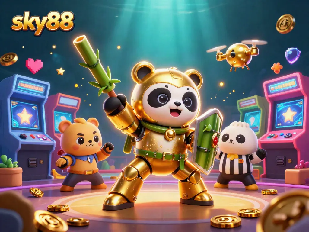 Engage in thrilling gameplay at sky88 with a colorful casino scene featuring dynamic arcade elements and captivating characters.