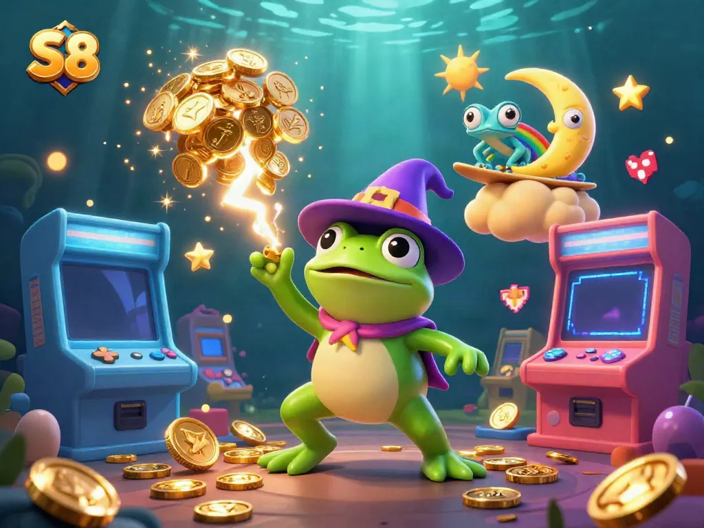 Engage with S8's vibrant casino world, featuring a wizard frog, chameleon, and treasures of gold.