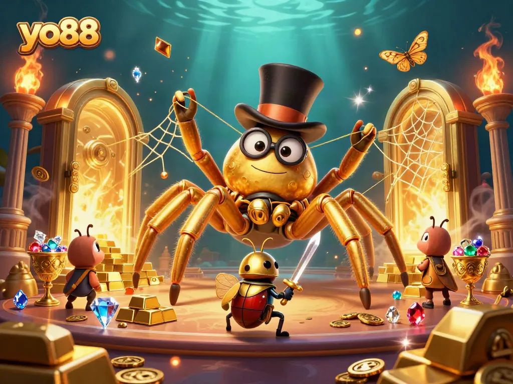 Engage with yo88's captivating gambling adventure featuring a golden tarantula and treasure in rich detail.
