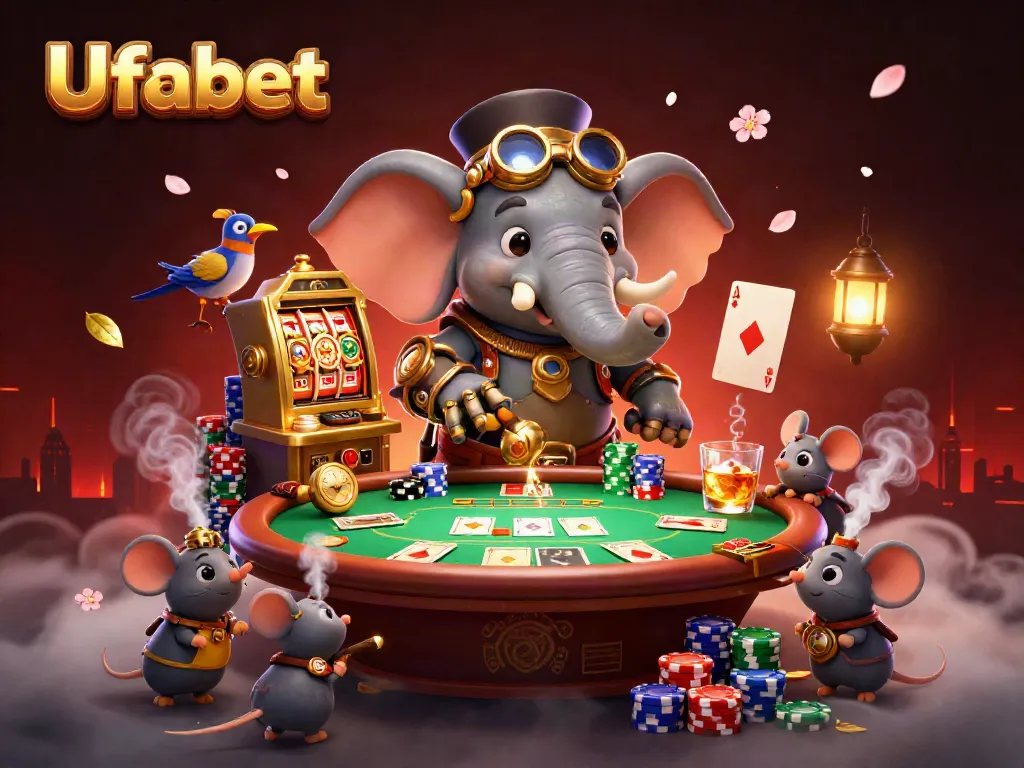 Engage with Ufabet's immersive gaming world featuring steampunk characters and casino elements.