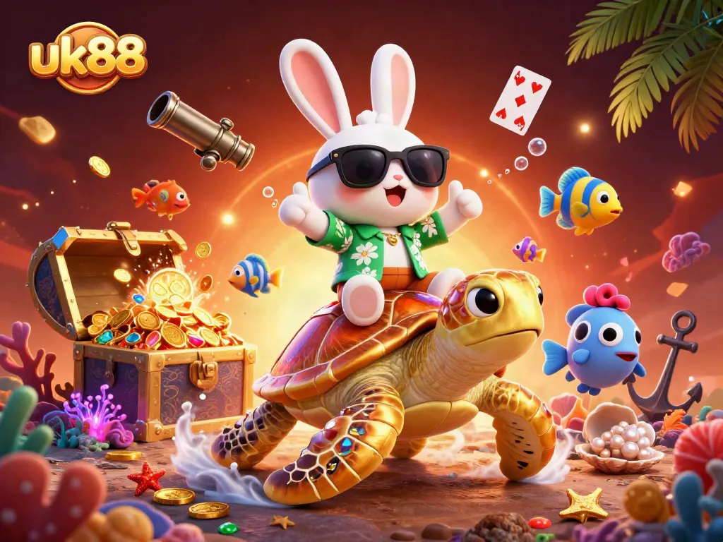 Experience the thrill of uk88 with a lucky rabbit and golden turtle amidst vibrant casino treasures.