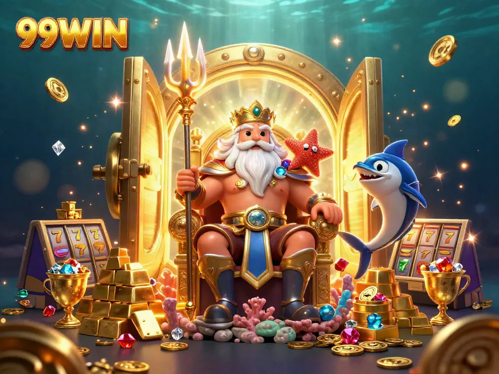 Engage with 99WIN's thrilling slot arcade featuring Neptune, treasures, and colorful gems.