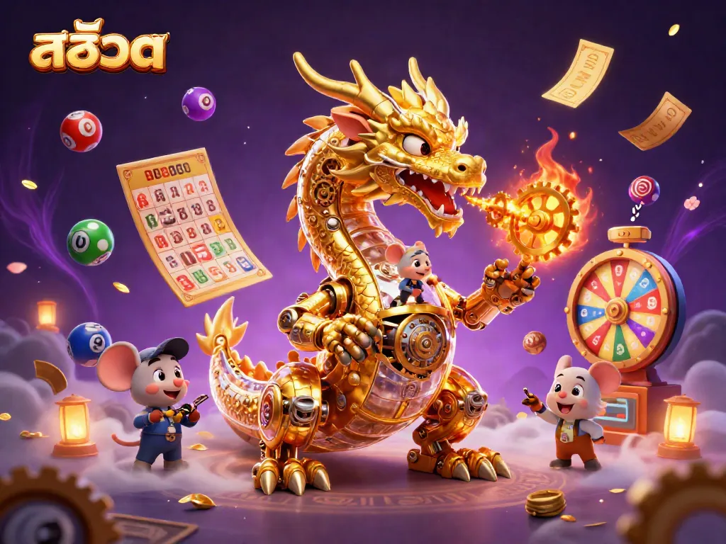Experience the thrilling world of สล็อต with a dynamic illustration featuring a golden dragon surrounded by lottery elements.