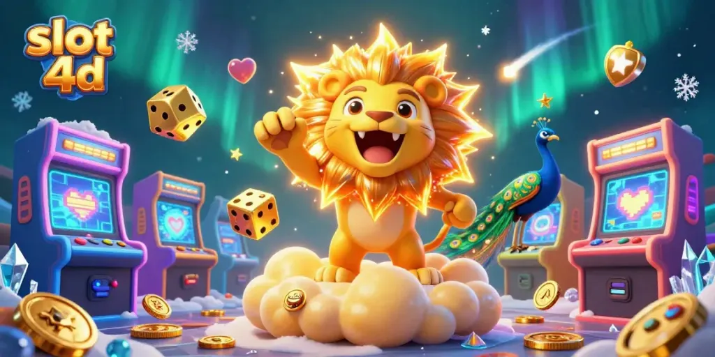 Memenangkan slot 4d dengan simbol slot berwarna-warni dan aura kasino yang berkilau.