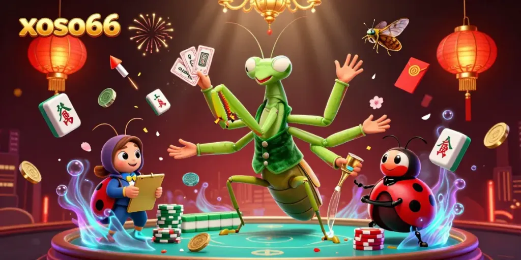 Engage with xoso66 as a giant mantis card sharp interacts with a lively casino scene, showcasing excitement and action.