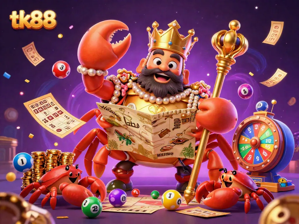 Win big with the dynamic tk88 lottery experience, featuring a golden crab emperor and lively casino elements.