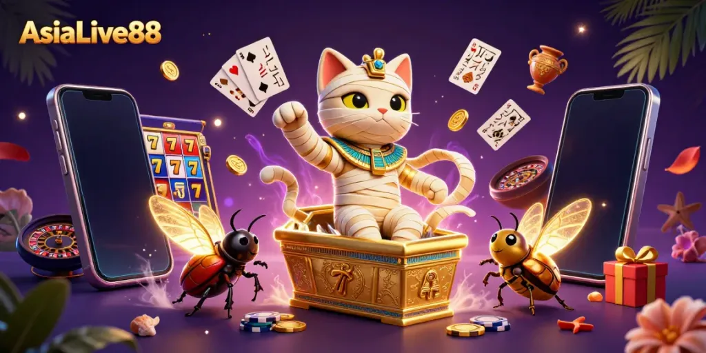 Experience thrilling gameplay with AsiaLive88's vibrant 3D illustration showcasing dynamic slot gaming elements and captivating characters.