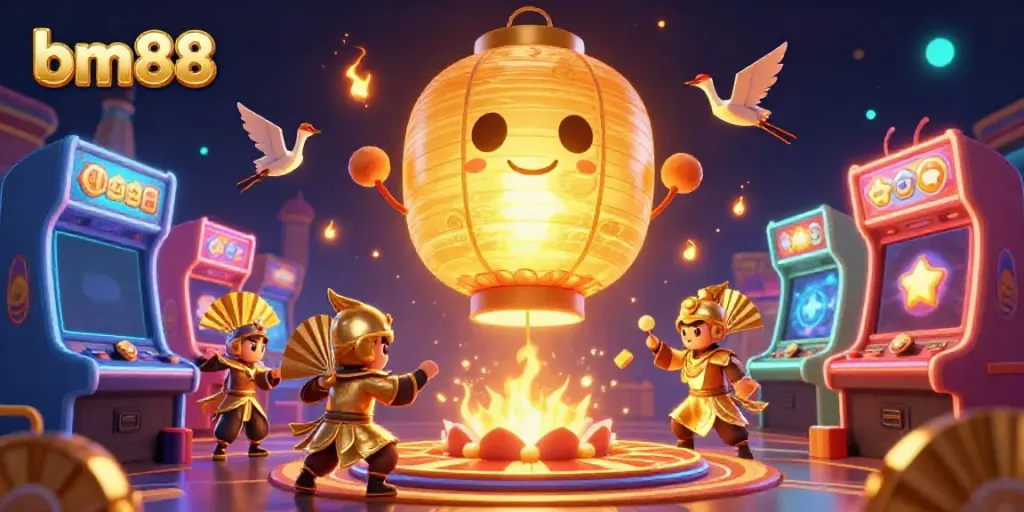 Experience bm88 casino excitement with a glowing lantern spirit, fan warriors, and arcade machines.