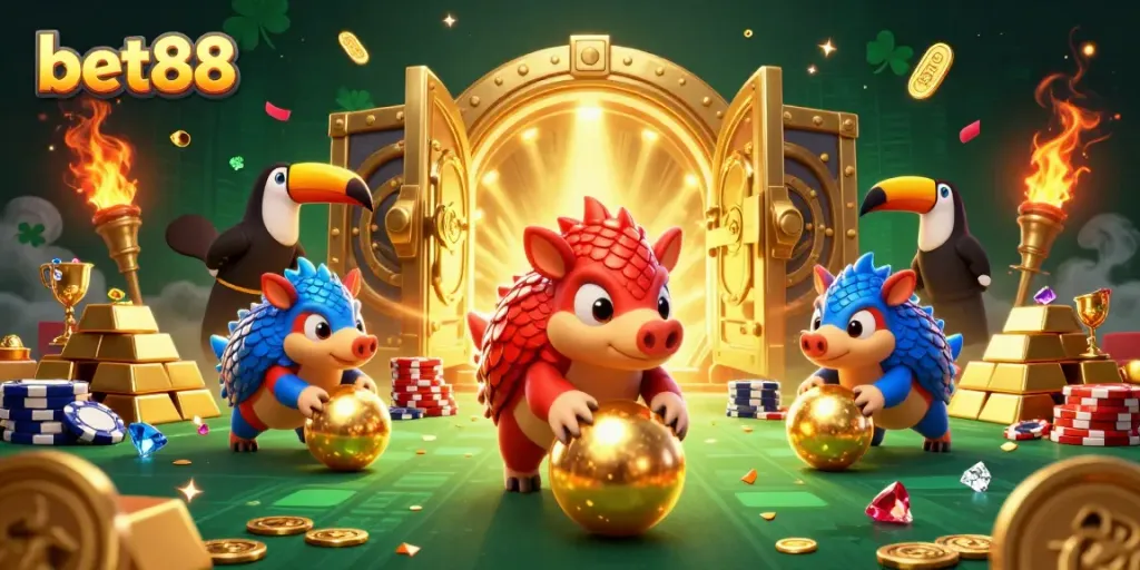 Experience exciting gameplay at bet88 with rival pangolins battling through golden riches and poker chips.