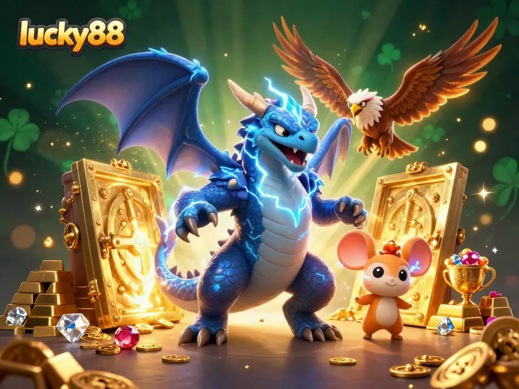 Join the excitement at lucky88 with a vibrant 3D casino scene filled with treasures and mythical creatures.