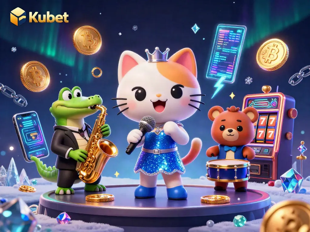 Experience the excitement of Kubet with vibrant casino characters and crypto elements in a dynamic illustration.