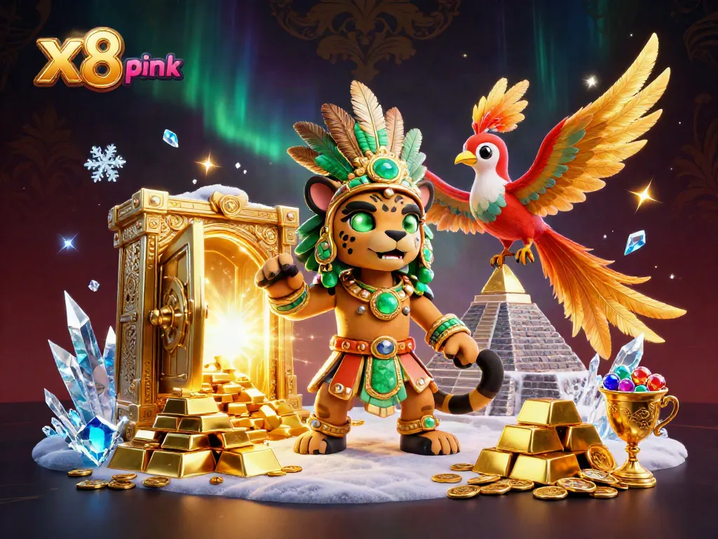 Experience thrilling gameplay at xx8 pink with a captivating 3D casino illustration featuring vibrant characters and treasures.