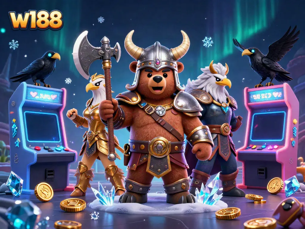 Win exciting games with w188, featuring a cartoon Viking bear alongside a Valkyrie eagle and glowing game elements.
