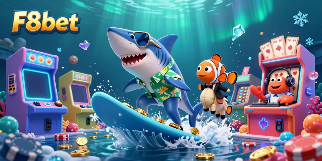 Experience thrilling gaming action with F8bet in a vibrant underwater casino scene.