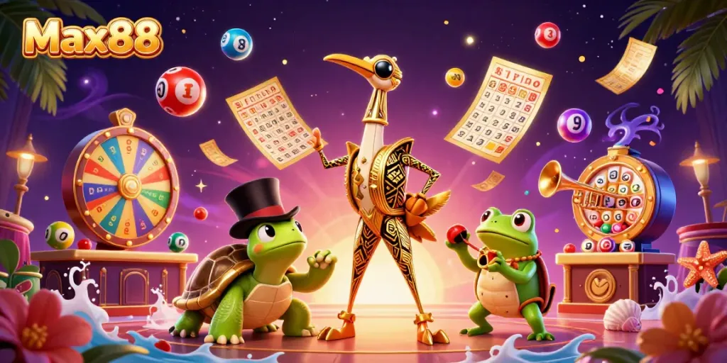Join the excitement at Max88 with vibrant lottery elements and engaging characters in a dynamic casino scene.