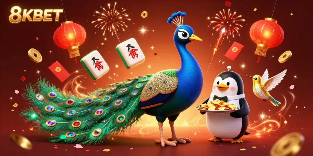 Engage with 8KBET's vibrant 3D casino scene highlighting a peacock, penguin, and hummingbird amid festive decorations.
