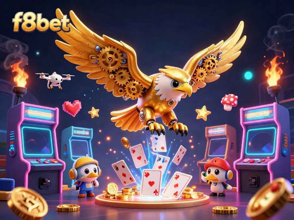 Join f8bet's epic gaming adventure with a robotic eagle and arcade elements in a thrilling casino scene.