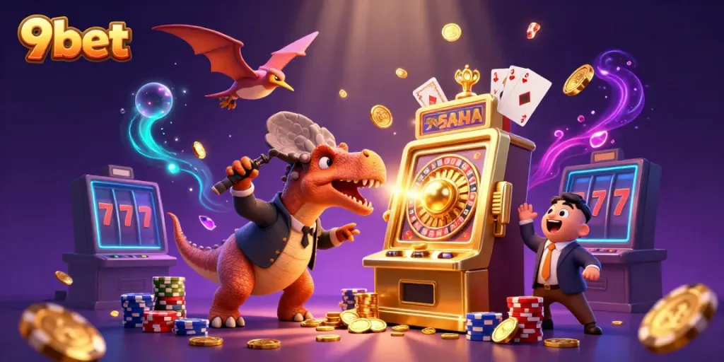 Experience epic wins at 9bet with a 3D illustration of a dinosaur-themed slot machine showdown.