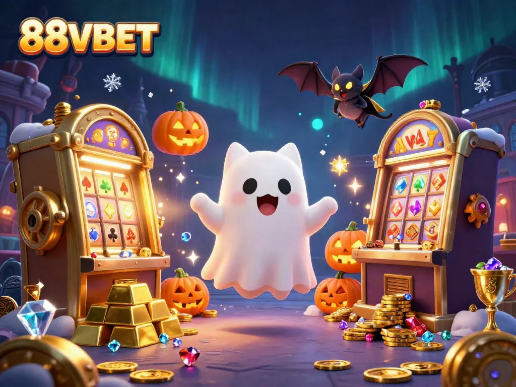 Experience the thrilling ambiance of 88VBET with a ghost cat and vampire bat amid rich casino elements.