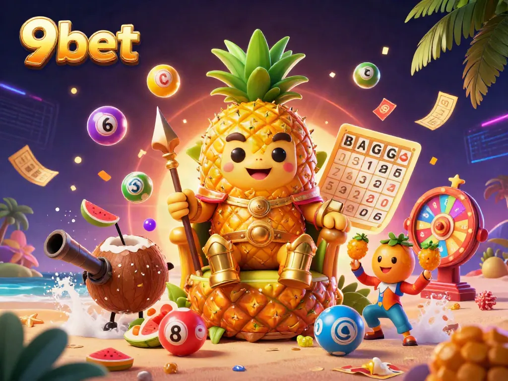 Experience exciting gameplay at 9bet with dynamic casino elements in a vibrant scene featuring a golden pineapple king.