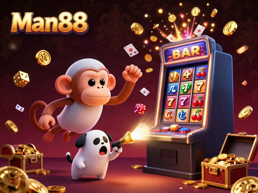 Experience big wins with Man88's thrilling gaming scene featuring vibrant casino elements.